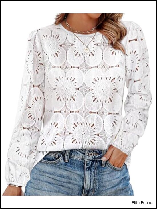 Tops - Boho Lace Long Sleeve Blouse Flowy Elastic Cuff Puff Sleeve Button Back